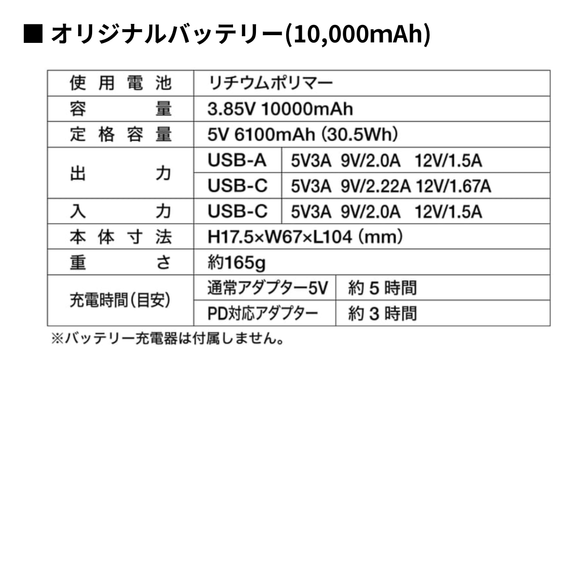 モバイルバッテリー(10,000mAh) [0215-801] 寅壱 仕様・スペック