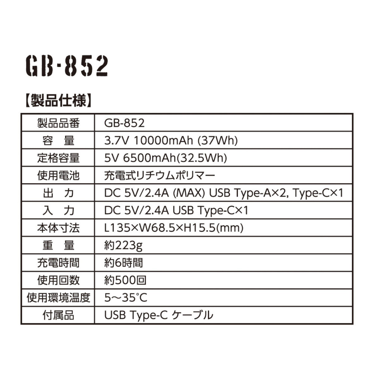 モバイルバッテリー10,000mAh [GB-852] 通年 コーコス信岡