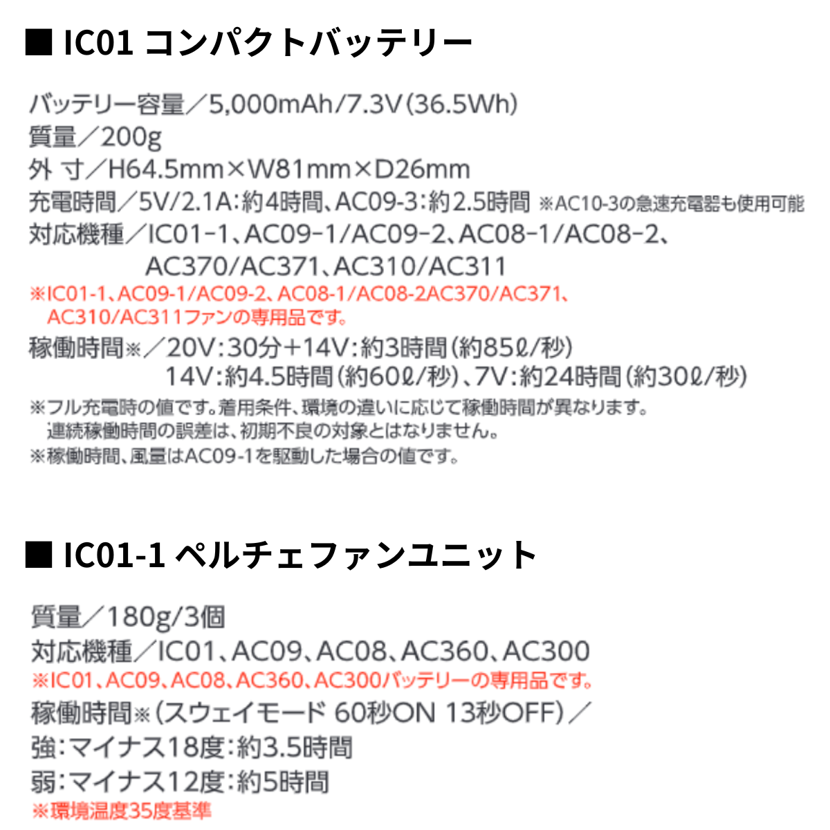 アイスクラフト(ペルチェセット) [IC101S] 春夏 バートル 仕様・スペック